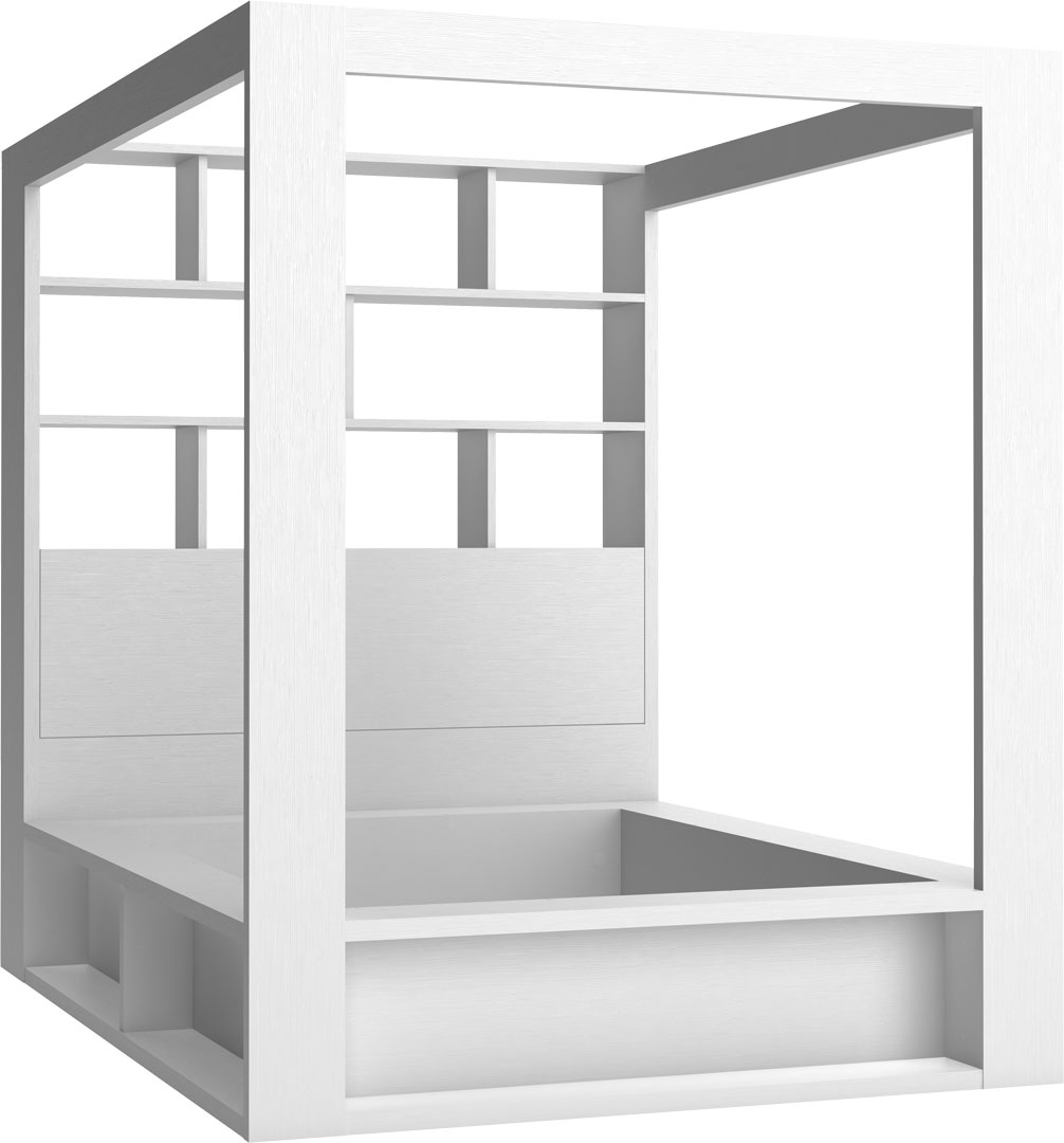 Double bed with canopy and shelving unit